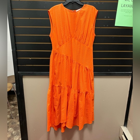 FRAME Asymmetric Tiered Seersucker Midi-Dress Orange Sleeveless Dress - Picture 1 of 3